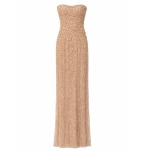 Cache Nude Sequin Beaded Evening Gown Champagne Formal Prom  Dress Mesh Maxi NWT